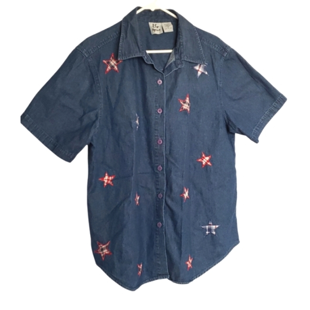 LG Sport Vintage Denim Embroidered Patriotic Stars 100% Cotton Women's Size 1X.